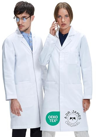 Dr. James Premium Unisex Laborkittel Damen & Herren, Regular Fit Arztkittel mit verdeckten Druckknöpfen, Smartphone- & Mehrfach-Taschen, OEKO-TEX® Stoff, für Labor, Klinik & Apotheke