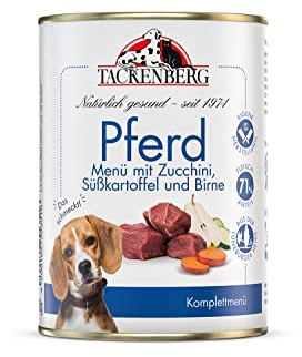 TACKENBERG 24 x 400 g (9,6 kg) Pferd mit Zucchini, Süßkartoffel und Birne Nassfutter Dose für Hunde - Hundefutter in Premiumqualität - natürlich getreidefrei