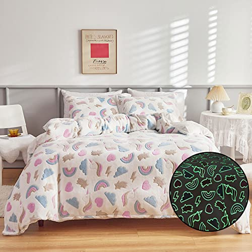Unicorn Kids Glow In The Dark Duvet Cover Colorful Rainbow Comforter Cover Boys Girls Cartoon Animal Fleece Flannel Bedding Set Plush Unicorn Bedroom Glow Decor Bedspread Cover with Zipper, Full