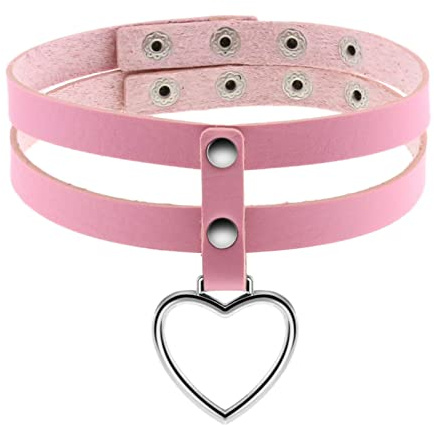 Flongo Tattoo Choker Leder Halsband Lederhalsband Damen Halskette mit Herz Nieten Anhänger Kette Schwarz Blau Pink Weiß Silber Gothic Punk Rock