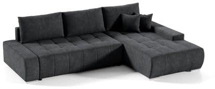 Ecksofa Sofa DRACO mit Schlaffunktion + Bettkasten Couch Wohnzimmer Polstermöbel (rechte Seite, dunkelgrau)