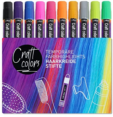 Craft colors Haarkreide-Stifte für jung und alt. 10 bunte auswaschbare Haarfärbe-Stifte, für Temporäre Einfärbung, bunte Haare für Fasching, Karneval, Halloween Haarkreide Farbe