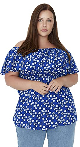 Trendyol Donna Regolare off-Spalla Collo Carmen Tessuto Plus Size Camicetta Camicia, Blu, 76