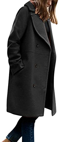 L9WEI Abrigo largo de felpa para mujer, elegante, monocolor, abrigo de invierno cálido, cárdigan con solapas, ropa exterior con bolsillos, gabardina casual, ropa exterior, Negro , M