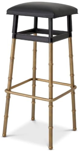 Casa Padrino Luxus Barhocker Schwarz/Vintage Messing 34,5 x 33 x H. 80,5 cm - Gepolsterter Barstuhl mit Echtleder - Bar Möbel - Leder Möbel - Luxus Möbel - Luxus Qualität