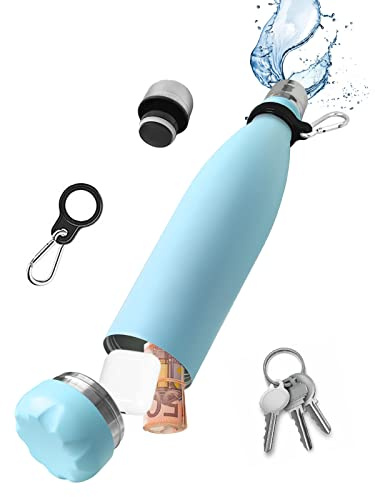 Domemit Botella de Agua Segura con Compartimento Oculto Secreto, Caja de Almacenamiento de Acero Inoxidable, Desenrosca la Parte Inferior para Guardar tus Objetos de Valor, Azul 730ml