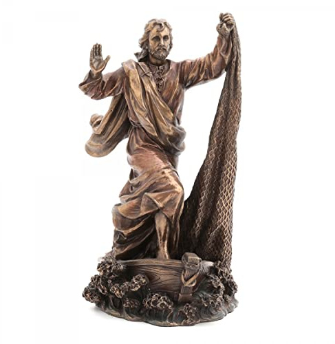 ROCKING GIFTS Klassische Dekorative Figur, Jesus auf Boot mit Fischernetz, Harz Antike Bronze-Effekt, Skulptur Religiöse Christliche Bild, 23 cm