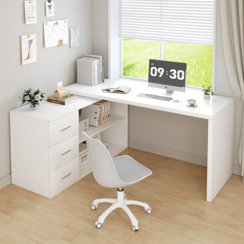 HSH 150cm Eckschreibtisch Weiß Schreibtisch L Form mit Stauraum für Büro