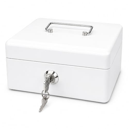 Steel Cash Box with Key Lock, Metal Small Money Organizer with Money Tray,Cash Storage Box with Lockable Cover (White-15 * 12 * 8 CM)