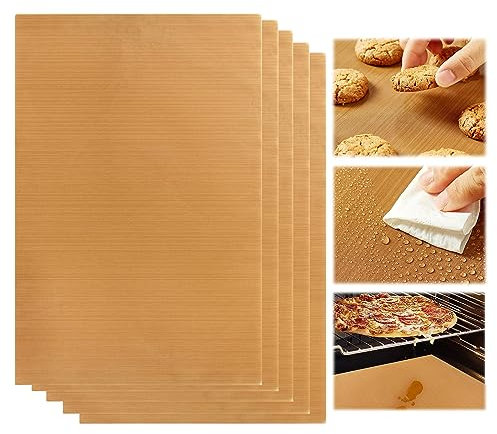 FANNAS 5 Pezzi 30×40cm Marrone Chiaro il Teflon Cuoce Senza Panno Adesivo,Carta Forno Riutilizzabile,Tappetino per Griglia,Carta da Forno Riutilizzabile,Grill Mat,Adatto per Forno, Piastra, Forno