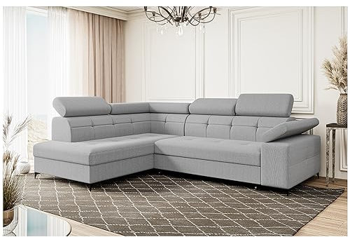 MEBLINI Schlafcouch mit Bettkasten - Ecksofa mit Schlaffunktion - Sofa mit Relaxfunktion - Couch L-Form - Eckcouch - Wohnlandschaft - Bergamo - 274x203x83cm Links - Hellgrau Samt Modesto