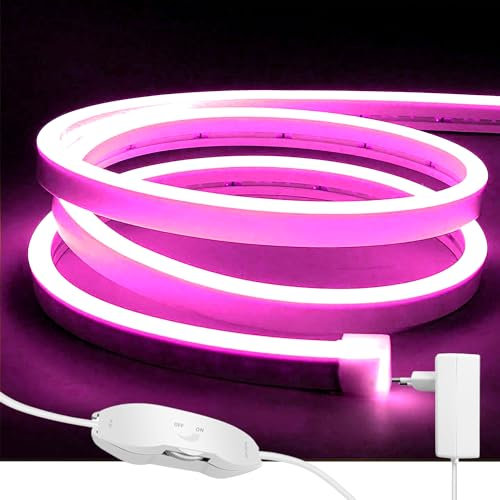 ShineBurky 5M Neon LED Strip Rosa, 12V Dimmbar Flexibel Wasserdicht IP65 Lichtleiste Silikon LED Streifen für Wohnzimmer Schlafzimmer Wand Deko DIY (Inklusive Netzteil)