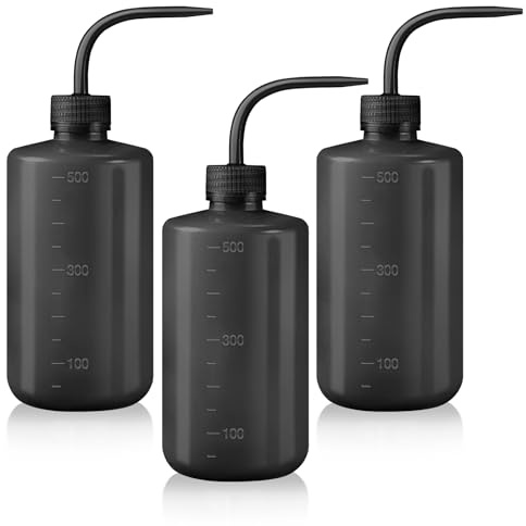 Annhua 3 Pack 500ml Black Squeeze Wash Bottles with Narrow Mouth | LDPE squeezable body, curved slim nozzle, graduated ml scale, spill-proof cap, for lab, tattoo, and garden use
