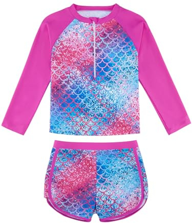 Girls Rash Guard Swimsuit Bathing Suit Swim Set UPF 50+ Protection Two Pieces Long Sleeve Swimming Sets for 3 4 5 6 7 8 9 10 Years