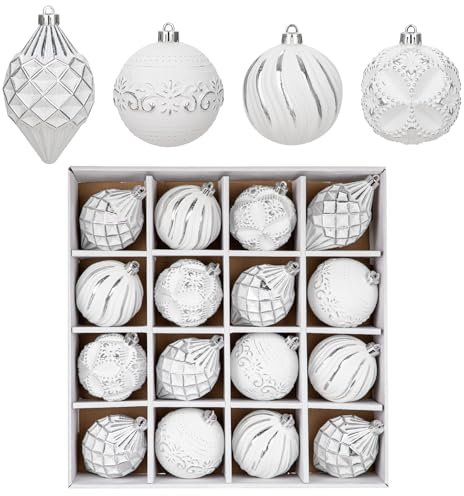 16PCS Shatterproof Christmas Ball Ornaments Set, Hand-Painted Holiday Decor with Assorted Sizes & Designs for Christmas Tree Thanksgiving Party Decoration, Silver-White