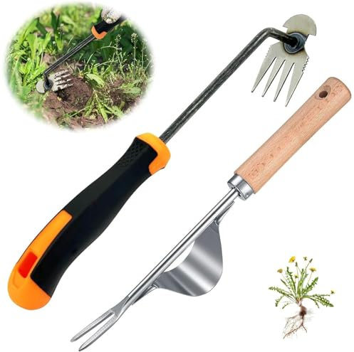 DONGZQAN Unkrautstecher Edelstahl, 2 Stück Gartenarbeit Hand Unkrautstecher Gartenwerkzeug Unkraut Entferner Gerät, Unkraut Stecher, Unkrautjäter Fugenkratzer Mit Stiel Gummigriff 4 Zähne