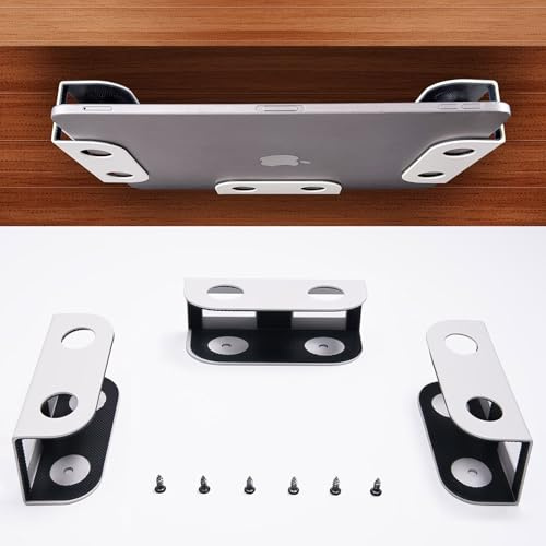 BYMECOST Under Desk Laptop Mount, Metal Under Desk Storage Holder, White | for Devices Up to 1.37 Thick, MacBook, Mini, Keyboard, Router, with Anti-Scratch Silicone