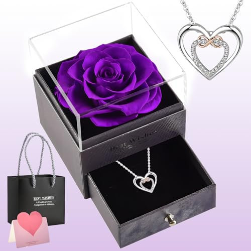 lcvtos Real Rosa Eterna, Caja de Regalo de Joyería con Flor de Rosa Preservada,con Collar, Regalo con Colgante para Mujer, para El Día de San Valentín, Día de La Madre, Aniversario - Rosa Morada
