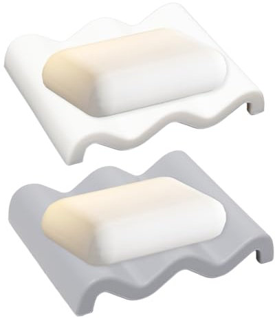Sxutop 2 Piezas Jabonera de Silicona Jabonera Ducha con Drenaje Automático jabonera Antideslizante Soporte de Jabón de Silicona para Baño Ducha Cocina Encimera (Blanco y Gris)