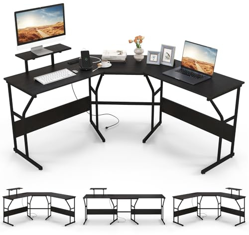 COSTWAY Escritorio Esquinero con Enchufe de Corriente, Escritorio en L Reversible con Soporte para Monitor Móvil, Escritorio Doble 2 Personas, 148 x 148 x 91 cm (Negro)