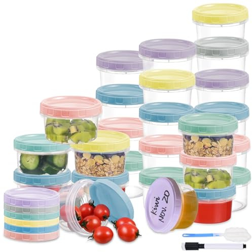 Yomarket 24pcs 8 oz Plastic Containers with Screw Lids, Reusable Clear Food Storage Containers with Pen and Brush for Snack Salad Fruit, Leakproof Small Freezer Containers, Microwave & Dishwasher Safe