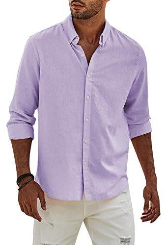 Elegancity Camicia Lino Uomo Manica Lunga Elegante Camicia Uomo Casual con Bottoni Cotone Regular Fit con Bottoni Tinta Unita，Viola XL