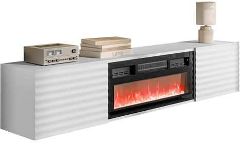 Mirjan24 TV-Lowboard Tifiner EF mit Elektrischem Kamin, Realistische LED-Flamme, Schrank für Fernseher bis zu 80 Zoll, Griffloses Öffnungssystem, Fernsehschrank (Weiß)