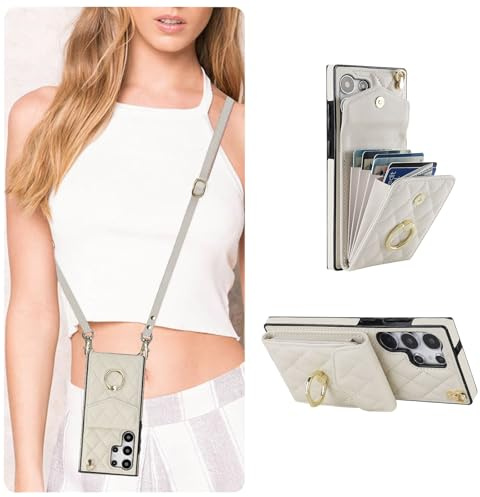 QLTYPRI Handyhülle für Samsung Galaxy S25 Ultra Hülle mit band, Mikrofaser Leder Handykette Case mit Kartenfach Ringständer RFID Schutzhülle Lederhülle Tasche Etui für Samsung Galaxy S25 Ultra - Beige