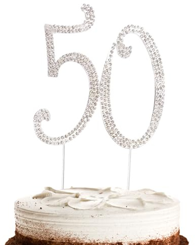 Hugwish Happy 50th Birthday Cake Topper Diamante Silver Bling Rhinestones, Number 50 Anniversary Cake Topper For Women Birthday Party Marriage Anniversary(50 silver)