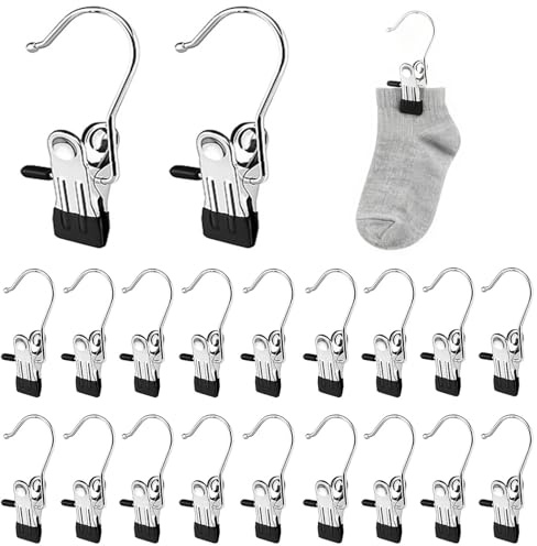 PHMING 20 Pièces Crochet à Linge Portable, Rotation 360° Cintre a Pince | Inox Cintre Avec Pince à Linge, pour Serviettes, Pantalons, Chaussettes, chaussures
