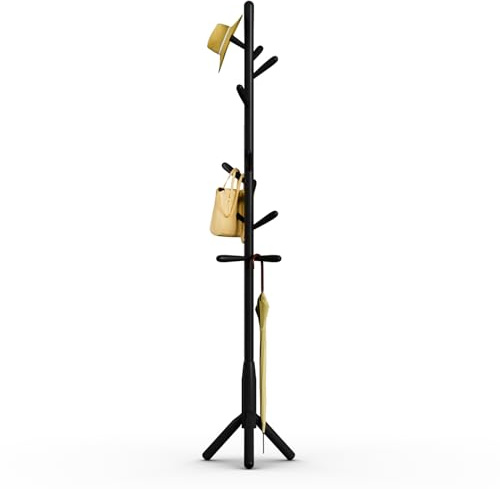 Awatiwa Solid Wood Coat Rack, Freestanding Tree-Shaped Coat Rack with 11 Hooks, Main Pole 1.6 dia for Clothes, Hat Stand Used in Bedroom/Office/Entryway (3-Leg Base, Black)