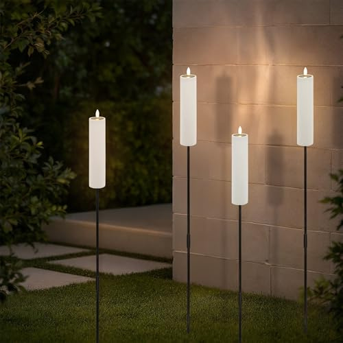 Solcellsträdgårdsfackel, LED-ljus med lågeffekt, 99 cm – set om 4 – trädgårdskontakter, varmvit, upplyst med ljusflimmer, trädgårdsdekoration, utomhusbelysning, rabattkontakt, solcell, väglampa
