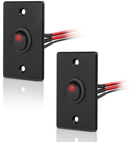 acegoo Aluminiumplatte 12V Kippschalter 20A EIN/AUS Schalter, 24V Wippschalter 14 AWG vorverdrahtete Kabel für Wohnmobil Boot LKW Auto KFZ (Rot, 2 Stück)