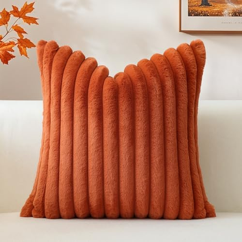 Sungeek Set of 1 Rust Faux Rabbit Fur Cushion Cover 40x40 cm, Soft Cozy Plush Striped Decorative Throw Pillow Covers 16x16 Inch Velvet Square Pillowcases for Sofa Bedroom