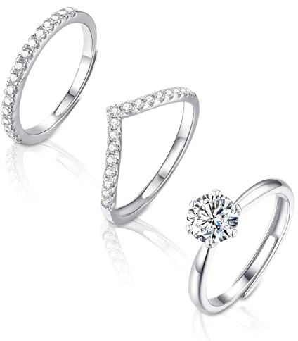 3Pcs Rings, Adjustable Silver Rings, Stackable Silver Plating Ring for Women with Small Diamond Line, V-Line and 1 Carat Diamond Ring, Elegant Jewellery Gifts for Women for Birthday Christmas