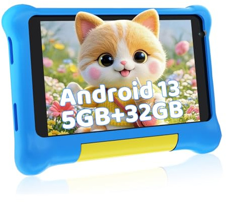 Tablette Enfants 7 Pouces Android 13 Tablette pour Enfant 5GB RAM 32GB ROM(TF 128GB) Contrôle Parental, GMS, WiFi, Bluetooth, Kids Tablette Tactile Éducative avec Kid-Proof Étui (Bleu)