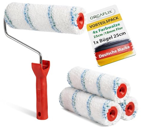 ORGAFLIX Profi Farbwalze 25cm, 4 Stück inkl. Bügel - Ideale Farbaufnahme und Abgabe, Florhöhe ca. 18mm, Kern 48mm, Farbroller Wandfarbe, Malerrolle groß, Farbrolle, Malerwalze, Maler-Zubehör