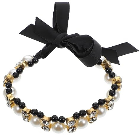 ROMISBABA Pet Collar Ribbon Pearl Bowknot Necklace Black Medium Satin Dog Cat Collar Pet Supplies