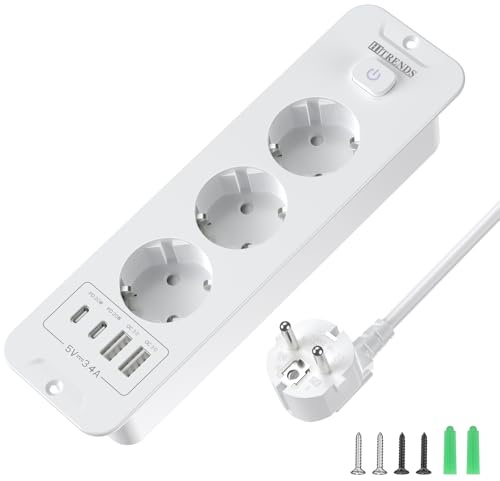 Versenkbare Steckdose mit USB, 3 Fach Einbausteckdose mit 2 USB, Tischplatte Versenkte Steckdose mit 2 USB C, Einbau Steckdosenleiste mit 2M Kabel für Arbeitsplatte Möbel, Weiß