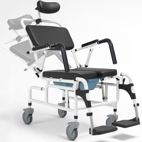 WENNEWU Chaise Douche PercéE, Fauteuil Roulant D'Aide à La Mobilité Chaise Transport à roulettes éTanche avec Accoudoirs Et Repose-Pieds RembourréS Et Appuie-TêTe RéGlable