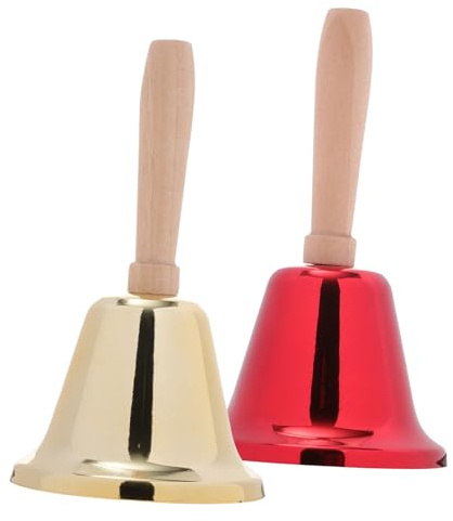 GARIOUANS 2 Stück Handglocke mit Stilvollem Eisenhandwerk Holzgriff Metallglocke (Gold Rot) Rassel für Feiern Warnung für Tiere und Menschen Schulglocke Tischgesellschaft Camping