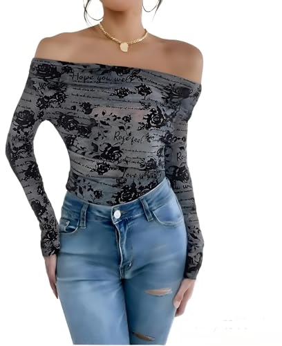 Women’s Off Shoulder Lace Ruched Tops Long Sleeve Slim Fit Blouses Shirts 2026 Going Out T-Shirt (US, Alpha, Large, Regular, Regular, Grey Floral)