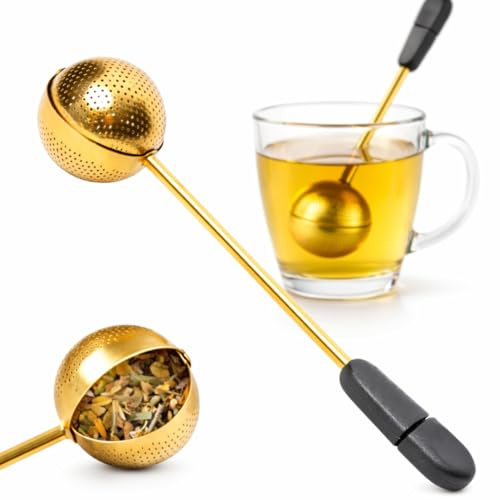 Teesieb aus Edelstahl (Gold) | Feinmaschiger Teefilter für losen Tee | Teeei mit Griffen für Tasse, Becher und Teekanne