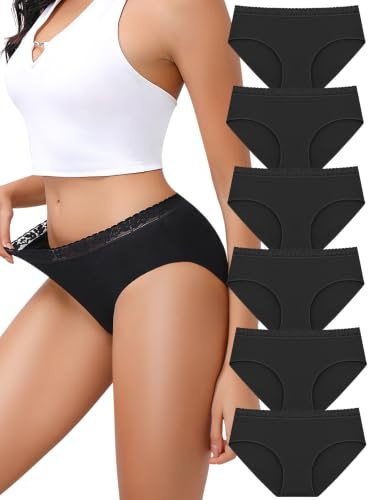 BeReady Pack de 6 Bragas Mujer Algodón Ropa Interior Hipster con Encaje Elegante Braguitas Bikini Algodón Suave y Transpirable Talle Bajo Elástico Tallas S-XXL