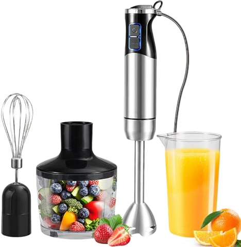 Frullatore portatile, frullatore a immersione 4 in 1, potenza 1000 W, 12 velocità variabili, incluso frullino per le uova, montalatte, misurino, tazza per tritare, adatto per zuppe e frullati