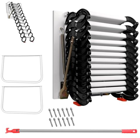12-Step Wall Mounted Attic Ladder, 12FT Retractable Pull Down Attic Stairs, Aluminum Magnesium Alloy Folding Loft Ladder with Armrests for Attics and Basements