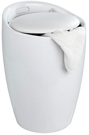WENKO Tabouret Panier à Linge Coffre à Linge et Tabouret Salle de Bain Candy | Coussin Amovible, Filet Linge Amovible 20l | Plastique ABS résistant 120kg | d36x50,5cm | Blanc