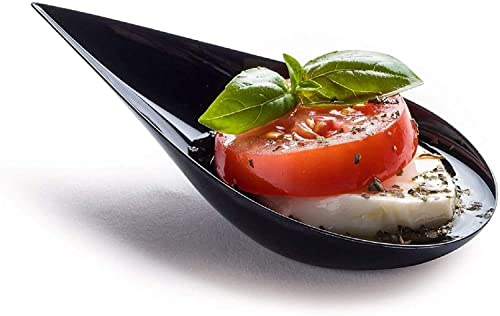 DLux 100 4-in Tear Drop Mini Appetizer Plates, Black Plastic Spoons - Desserts and Appetizers Dishes Serving Plate - Asian Spoon Set, Small Catering Dessert Tasting Cups - with Recipe Ebook