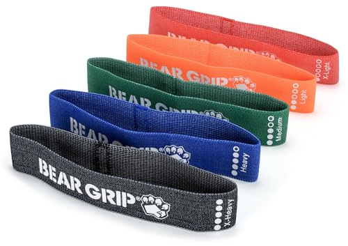 BEAR GRIP Fabric Resistance Bands for Working Out – Color-Coded Booty & Stretch Bands for Exercise, Legs, Glutes, Squats, Home Fitness, Yoga & Pilates – 5 Resistance Levels (Multi Colour, Standard)