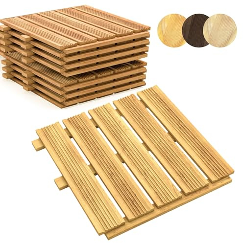 Floranica Dalles de plancher en bois 2,5m2 10 pièces 50x50 cm Mélèze imprégné Naturel Sol pour sauna terrasse ou balcon Carrelage en bois dans le jardin Surface fraisée Dalles de patio Produit UE